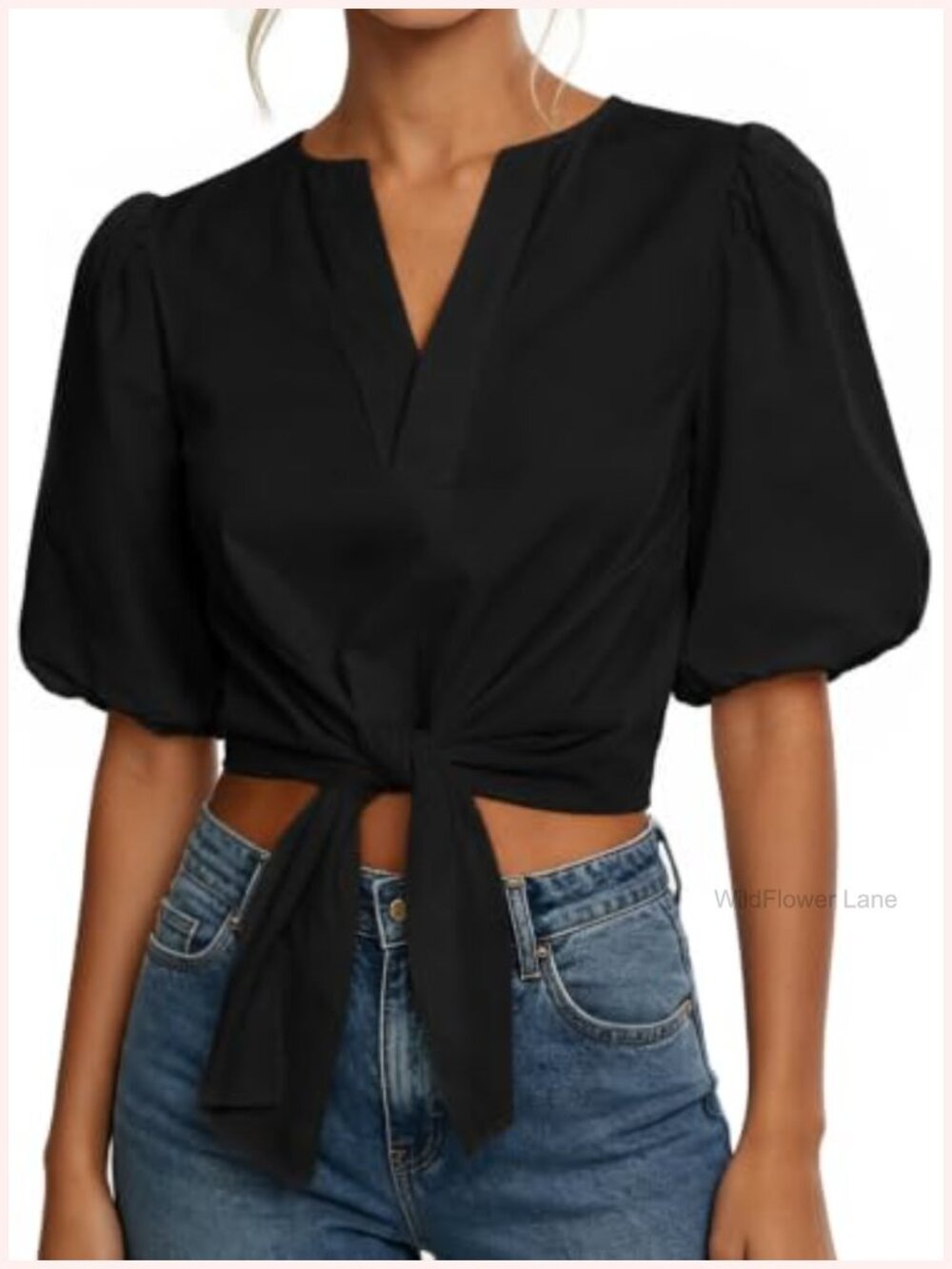Women's Puff Sleeve Tie Front Crop Top Back Button Blouse Cotton